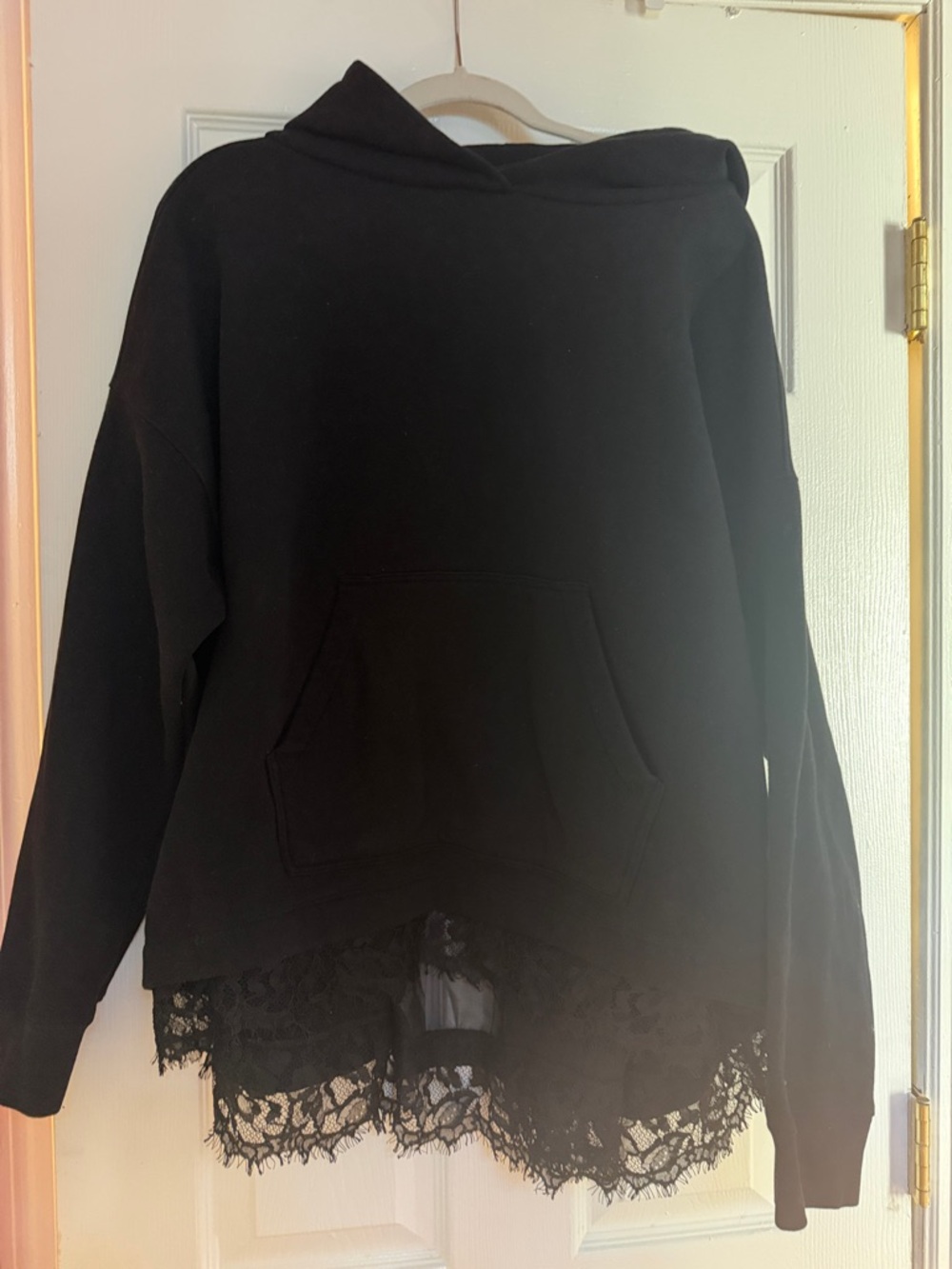 AllSaints Black Hoodie with Lace Trim Hem
